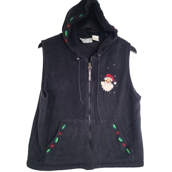 Vintage Erica Sport Black Hooded Christmas Santa Claus Fleece Sweater Vest - Picture 1 of 7